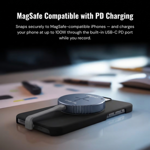Phone case with MagSafe compatibility and PD charging feature on a blurred desk background