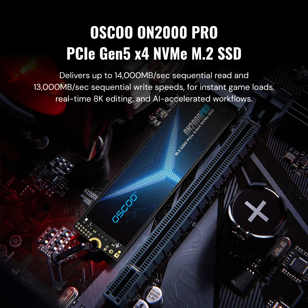 OSCOO ON2000 PRO PCIe Gen5 x4 NVMe M.2 SSD on a motherboard with text about performance.