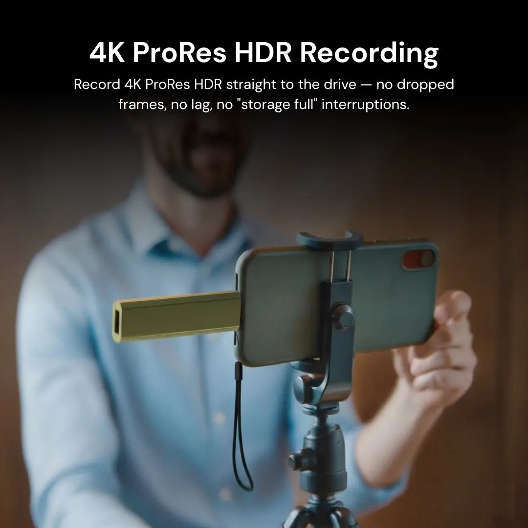 Person using a smartphone with a clip-on microphone on a tripod, with text about 4K ProRes HDR recording.