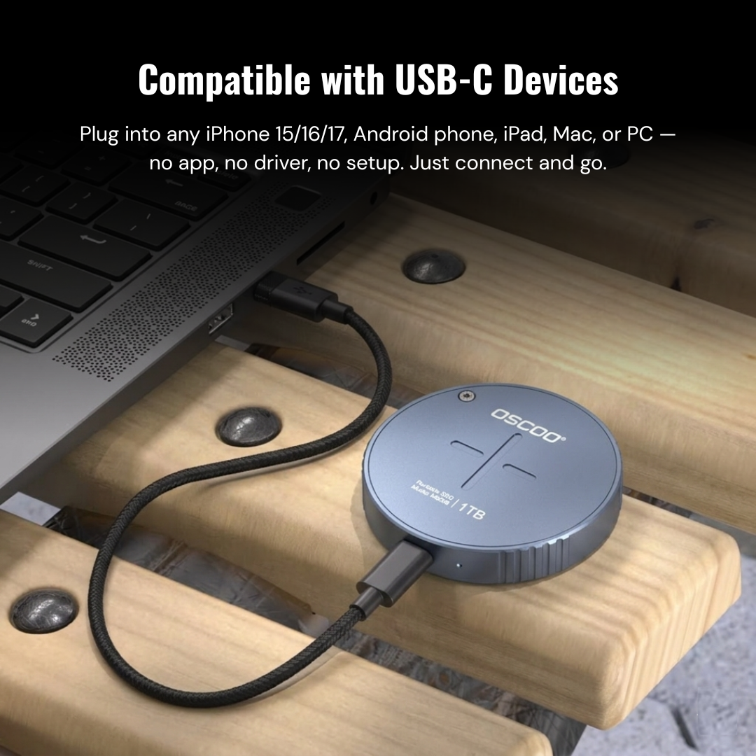 USB-C adapter on a wooden surface with text about compatibility.