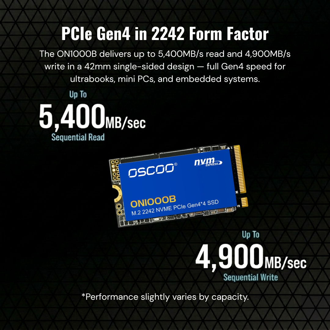 OSCOO ON1000B SSD with performance specifications on a black background