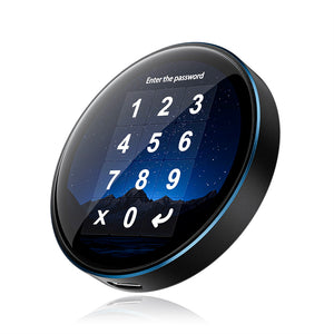 A round electronic keypad lock with a glossy black face, blue accent ring, and a digital display showing a starry night sky background. The display includes white numbers, a password entry prompt, and a lock icon.