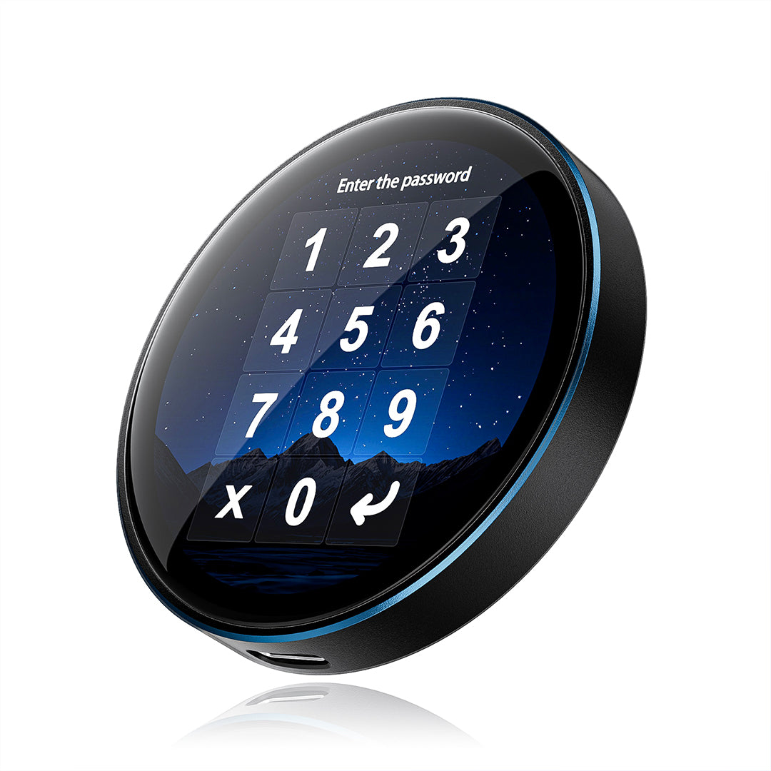 A round electronic keypad lock with a glossy black face, blue accent ring, and a digital display showing a starry night sky background. The display includes white numbers, a password entry prompt, and a lock icon.