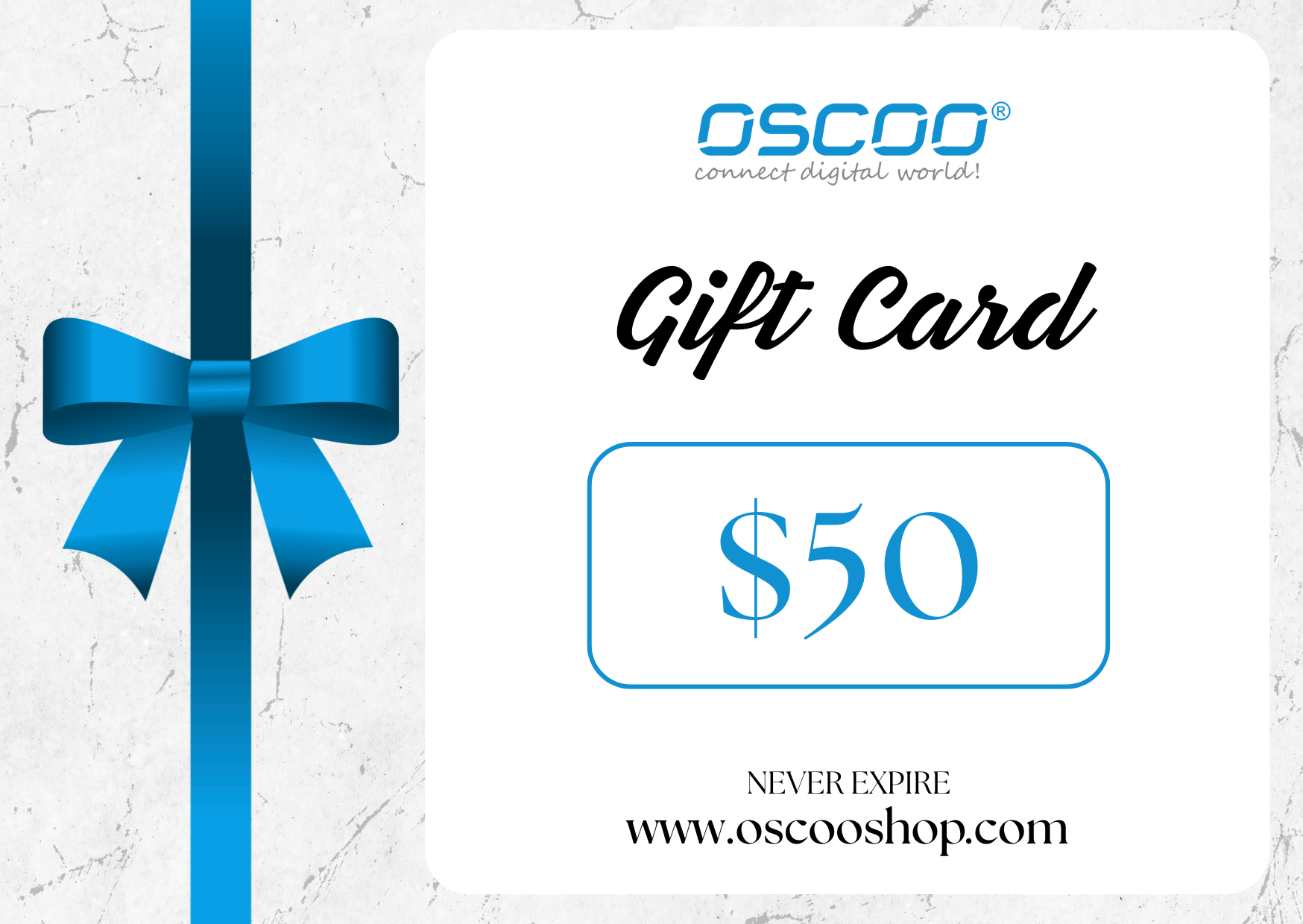 A $25 OSCOO gift card shown on a white marble-style background with a blue ribbon and bow graphic on the left. The card reads 'OSCOO', 'Gift Card', and '$25'.