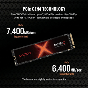 Oscoo ON1000X PCIe Gen4 technology SSD with performance specifications on a black background