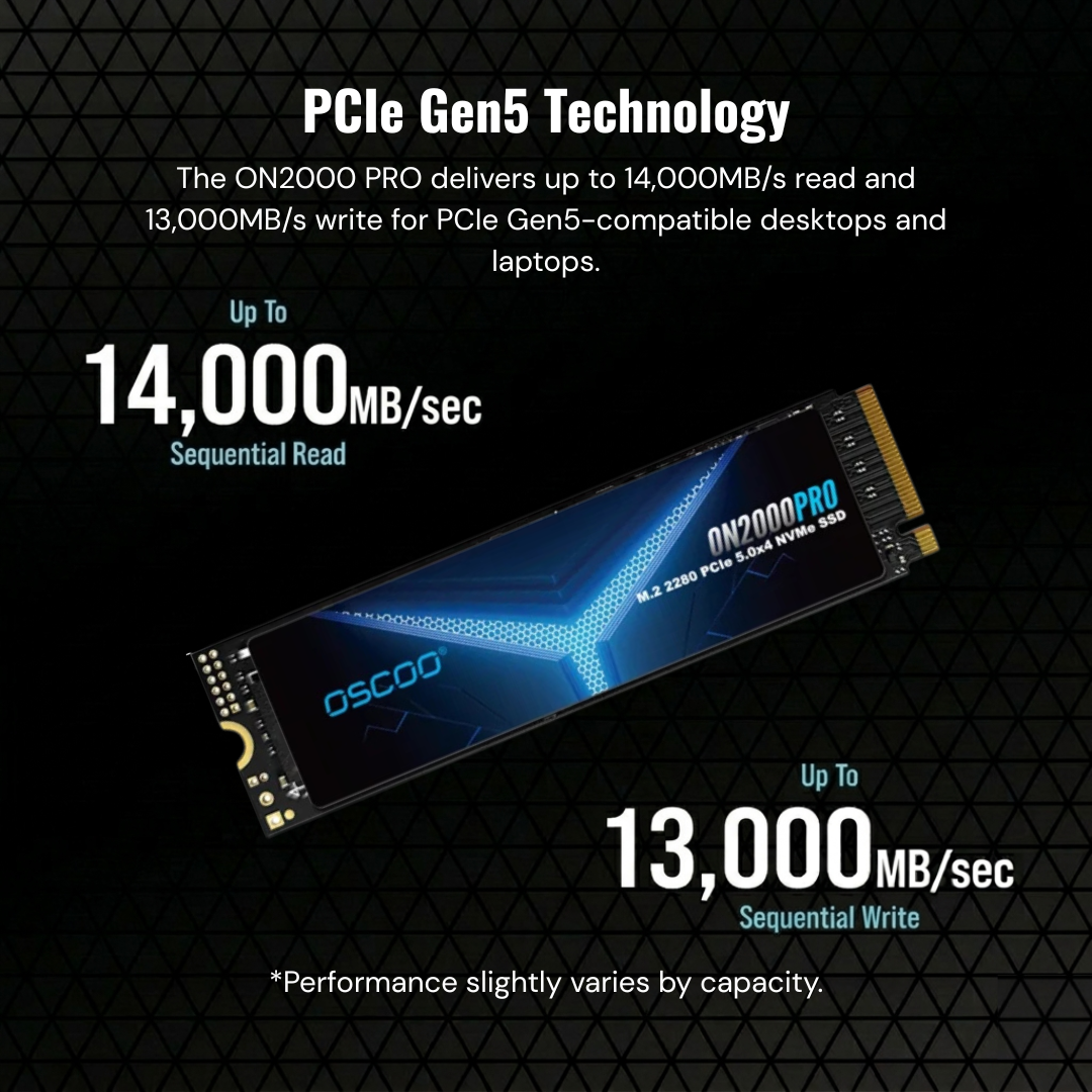 PCIe Gen5 technology SSD with performance specifications on a black background