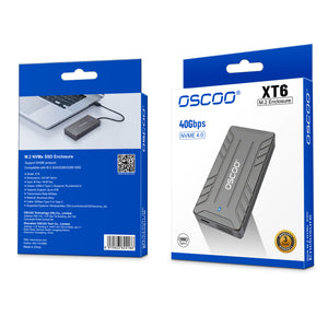 OSCOO XT6 M.2 SSD enclosure packaging with blue and white design