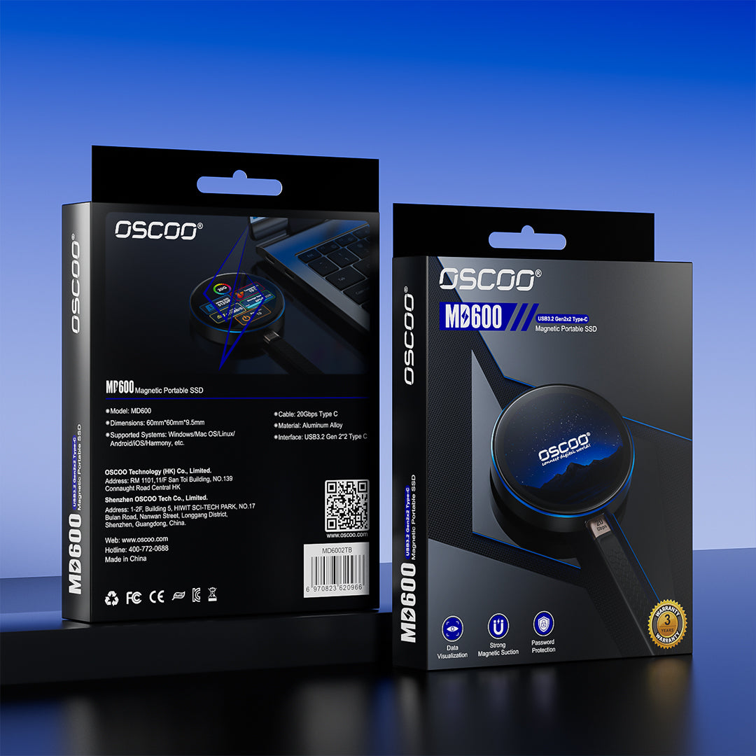 Two OSCOD M600 Magnetic Portable SSD external hard drive retail boxes shown on a blue gradient studio background. One box displays the back with technical specifications, and the other shows the front with product imagery and feature icons.