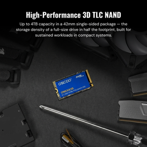 High-performance 3D TLC NAND memory chip on a dark surface with tools and components.