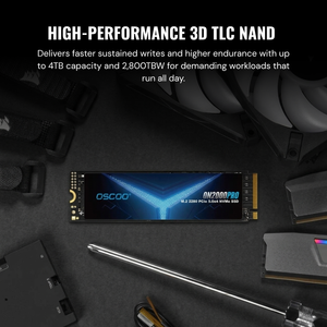 Oscodo ON2000 Pro SSD on a dark surface with text about high-performance 3D TLC NAND.
