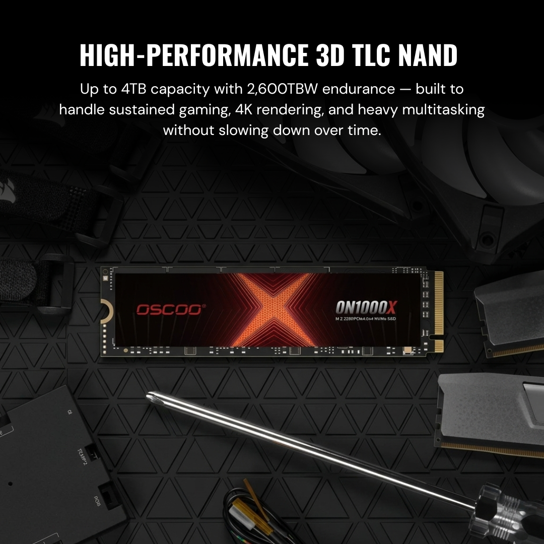 Oscoo ON1000X high-performance 3D TLC NAND solid-state drive on a black textured surface with text highlighting its features.