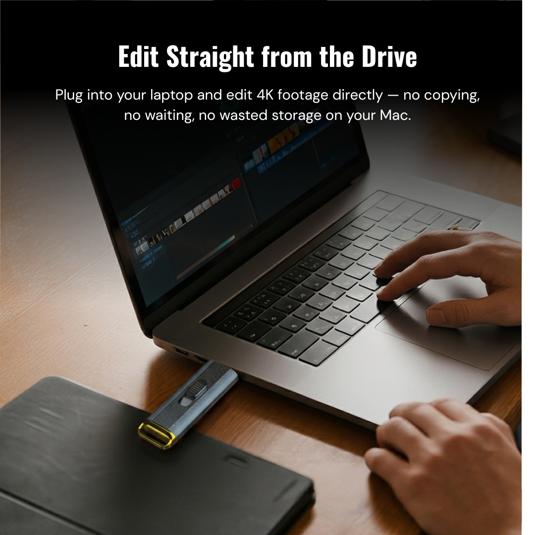 Person using a laptop with a USB drive connected, editing 4K footage.