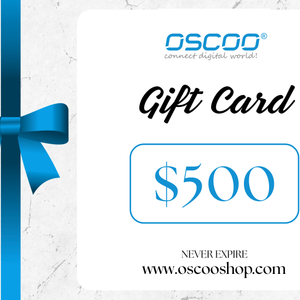 A $500 OSCOO gift card shown on a white marble-style background with a blue ribbon and bow graphic on the left. The card reads 'OSCOO', 'Gift Card', and '$500'.