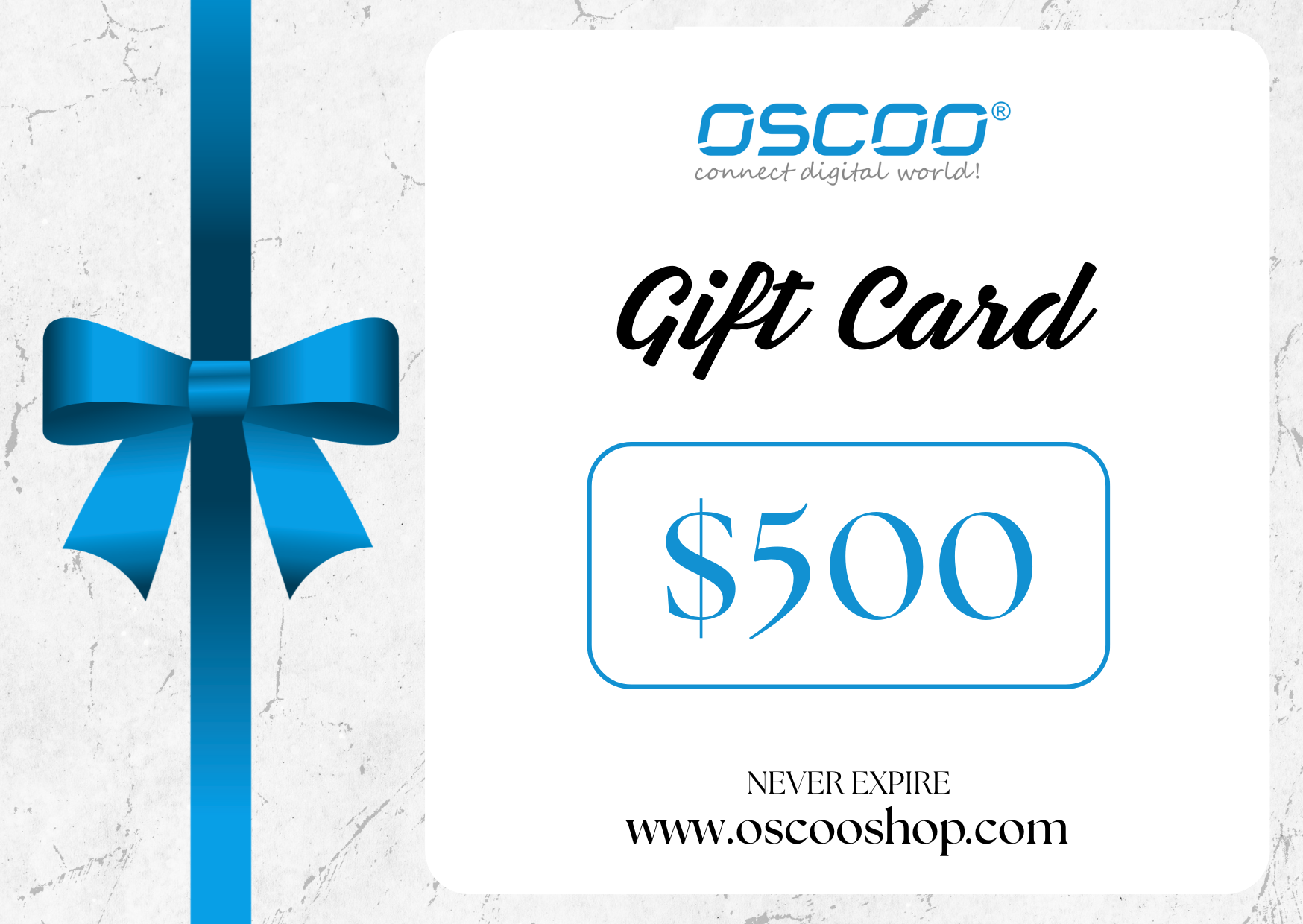 A $500 OSCOO gift card shown on a white marble-style background with a blue ribbon and bow graphic on the left. The card reads 'OSCOO', 'Gift Card', and '$500'.