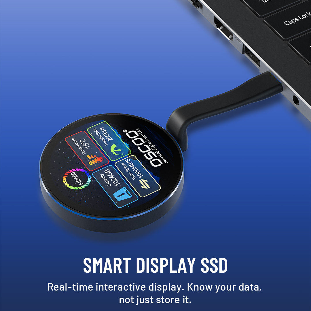 A round smart display SSD with a black handle plugged into a laptop, shown on a blue gradient background with text reading 'SMART DISPLAY SSD' and 'Real-time interactive display. Know your data, not just store it.