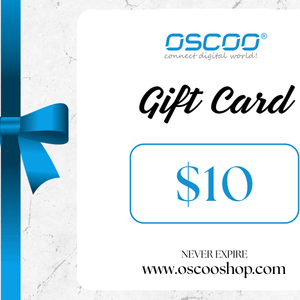 A $10 gift card from Oscoo, featuring a white card with blue and black text, a blue ribbon, and a blue bow on a light marble-textured background.