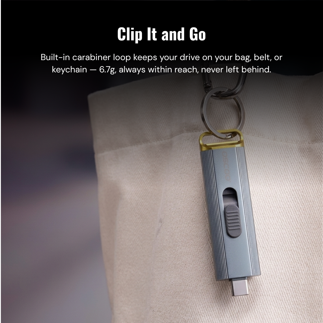 Small electronic device with carabiner clip attached to a bag.