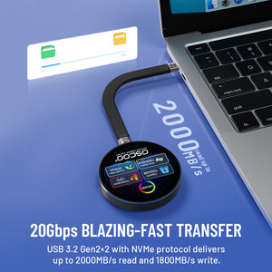 A black circular USB 3.2 Gen2 NVMe drive shown plugged into a laptop on a blue surface, with promotional text reading 20Gbps BLAZING-FAST TRANSFER and transfer speed claims overlaid on the image.