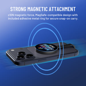 A black smartphone case with a circular MagSafe-compatible magnetic accessory attached, shown on a blue promotional background with text reading 'STRONG MAGNETIC ATTACHMENT' and a note about ≥10N magnetic force and adhesive metal ring.