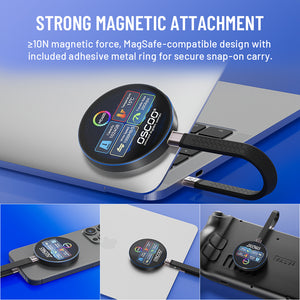 A round MagSafe-compatible black magnetic accessory with a built-in USB-C cable and an included adhesive metal ring, shown attached to a silver laptop and phone. The image includes marketing text at the top and three smaller demonstration panels at the bottom showing the product on a laptop, phone, and a camera body.