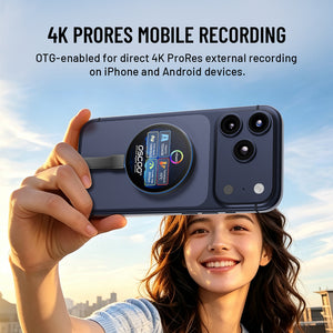 A woman outdoors holds a dark blue smartphone case with a circular MagSafe-style magnetic ring accessory attached. Text at the top reads '4K PRORES MOBILE RECORDING' and 'OTG-enabled for direct 4K ProRes external recording on iPhone and Android devices.