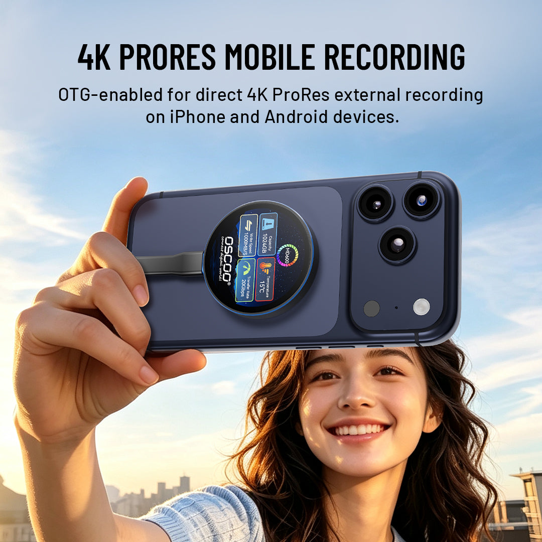 A woman outdoors holds a dark blue smartphone case with a circular MagSafe-style magnetic ring accessory attached. Text at the top reads '4K PRORES MOBILE RECORDING' and 'OTG-enabled for direct 4K ProRes external recording on iPhone and Android devices.