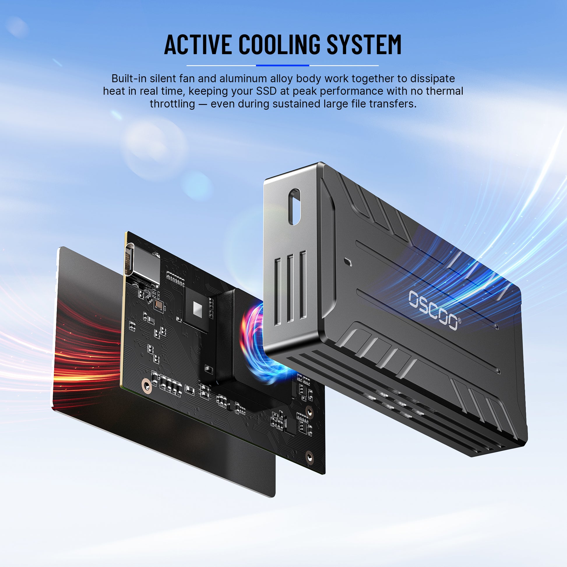 Oscoo SSD enclosure with active cooling system on a blue gradient background