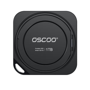 Black portable SSD with 'Oscoco' branding on a white background