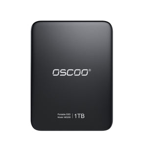 Black portable SSD with OSCOO branding on a white background