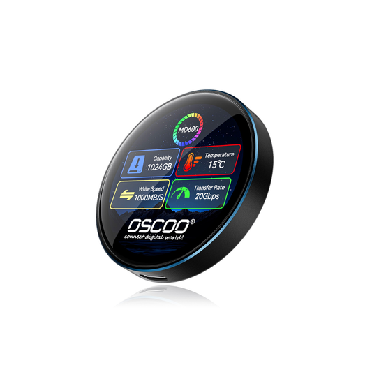 A round black Oiscoo wireless router with a glossy digital display screen showing network metrics, set against a clean white background with a subtle reflection.