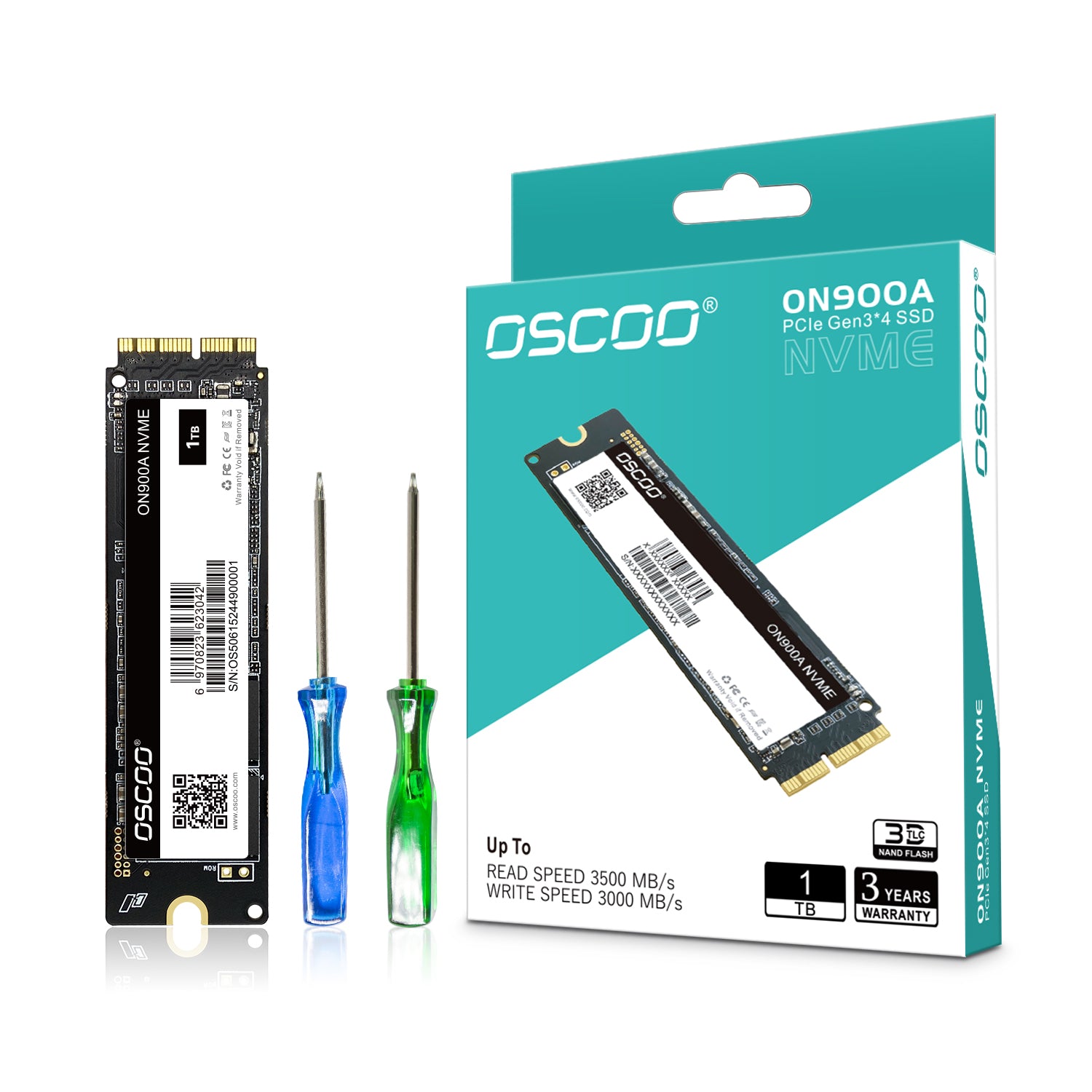 Oscoo SSD with packaging, screws, and screwdrivers on a white background