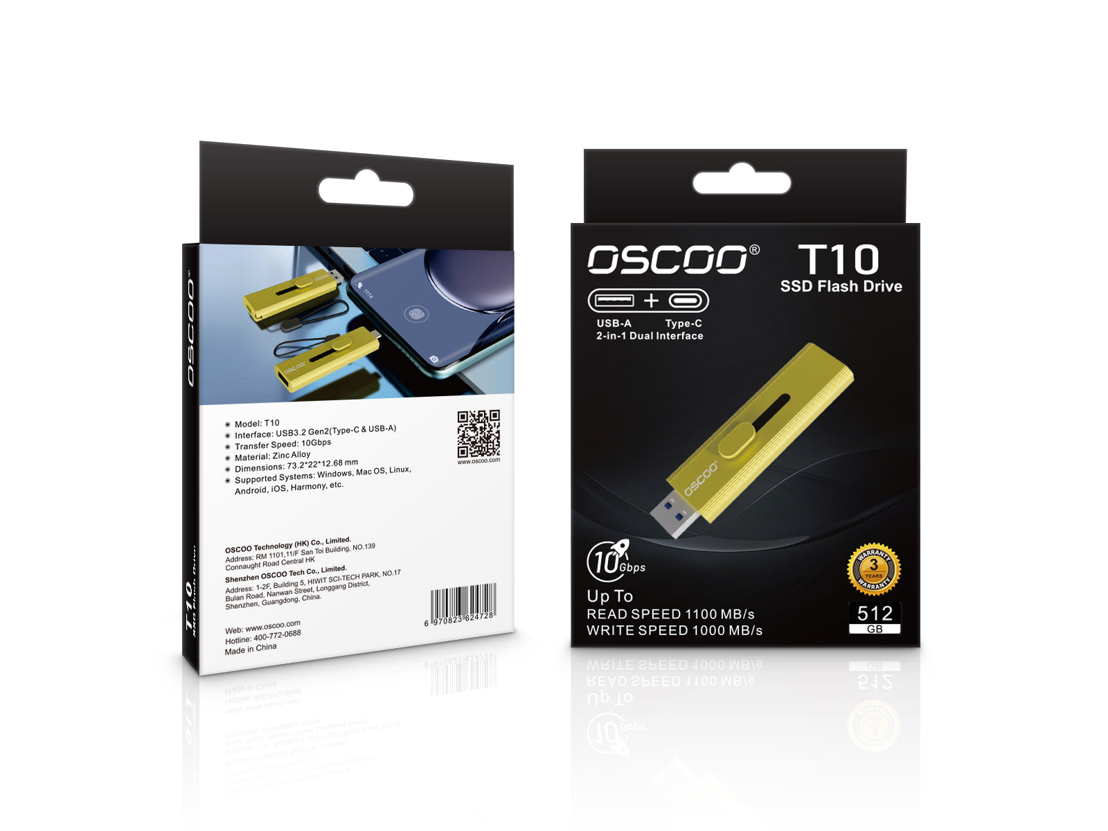 OSCOO T10 Portable SSD | USB 3.2 Gen 2 | 512GB/1TB/2TB | USB-C & USB-A