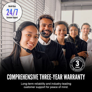 Group of people wearing headsets with text about 24/7 customer support and a three-year warranty.